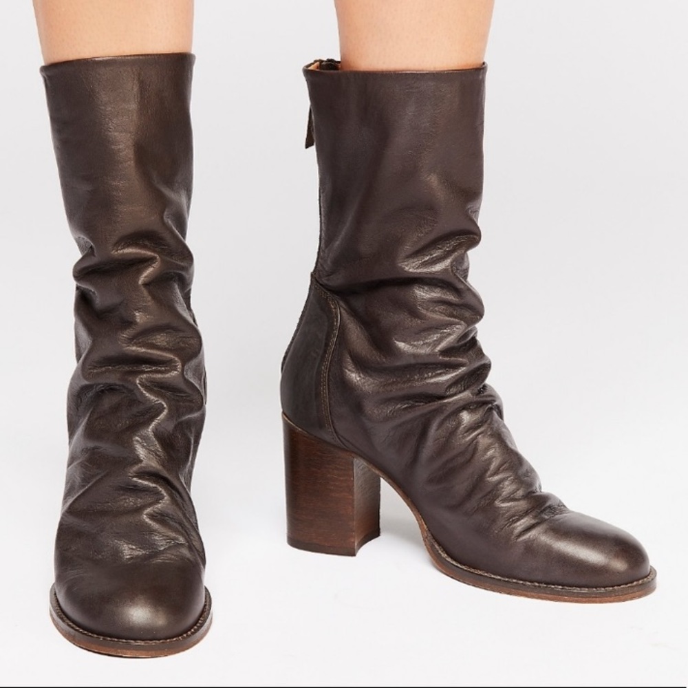 Free People Elle Block Heel Boot Chocolate Brown Leather Ruched Detail Boots NEW - Picture 2 of 16